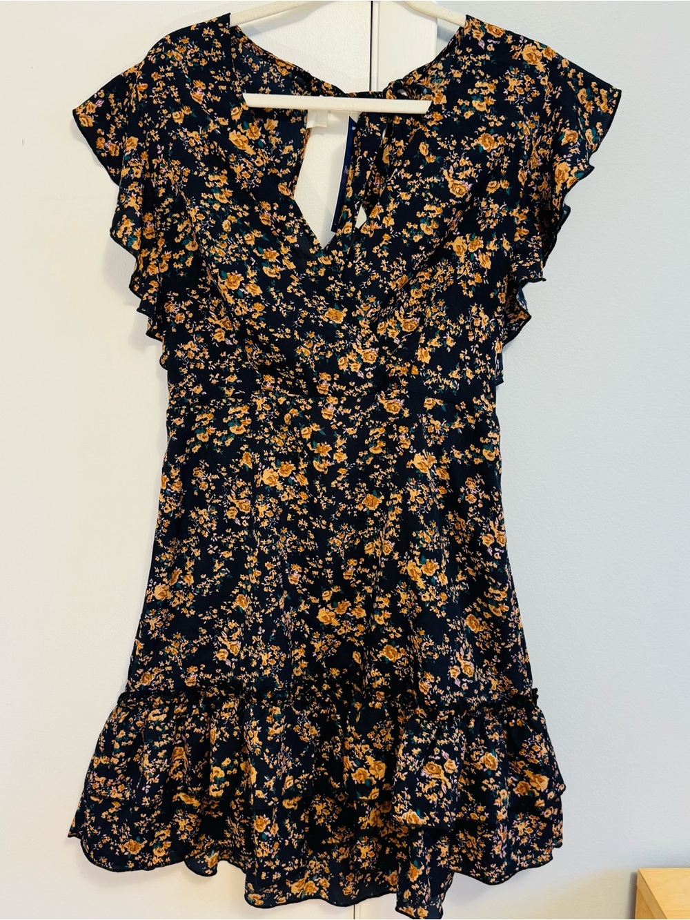 Dark blue Floral Ruffle Mini Dress with Yellow Wildflowers. Open back dress.